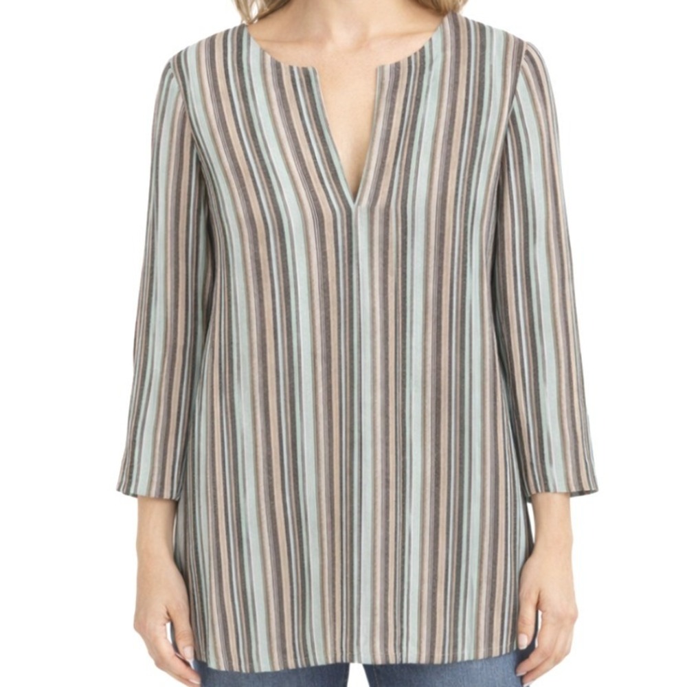 Tommy Bahama Women's 100% Linen Striped V-Neck 3/4 Sleeve Length Tunic Top M